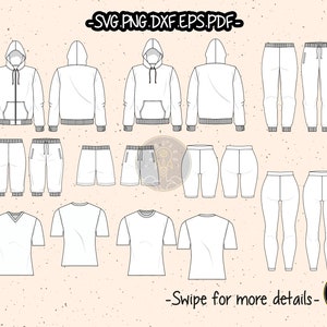 必需品セット パーカー ジョガー ショーツ レギンス スポーツウェア アクティブウェア バンドル SVG スケッチ ファッション CAD テクニカル フラットカット ファイル PDF ベクター Cricut