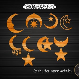 May include: A set of 10 laser cut wood earrings featuring moon and star shapes. The earrings are in shades of brown and gold.
