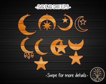 Crescent Moon Star Earring Template SVG Laser Cut File | Acrylic Wood Leather Earring
