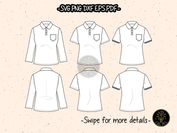 Women's Polo Shirts SVG Cut File CAD Technical Flat Sketch Fashion Pdf Eps Vector Clipart Cricut