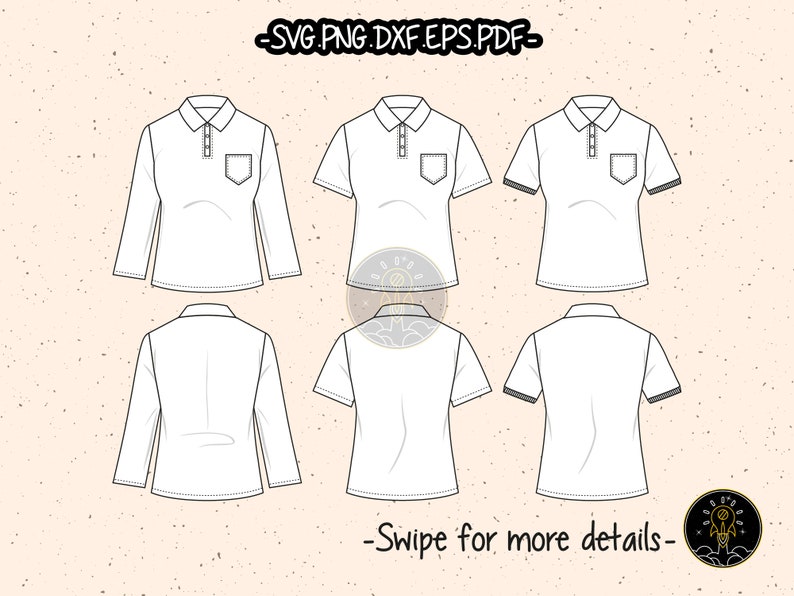 Women's Polo Shirts SVG Cut File CAD Technical Flat Sketch Fashion PDF EPS Vector Clipart Cricut