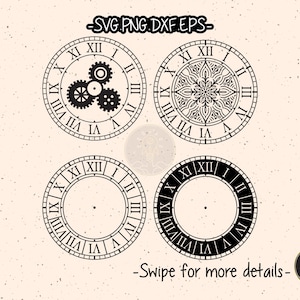 Peut inclure: Quatre cadrans d'horloge noirs avec des chiffres romains. Deux cadrans d'horloge ont un motif au centre, l'un a des engrenages et l'autre est vide.