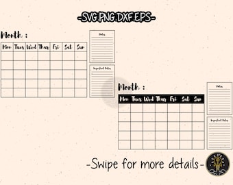 May include: Two printable monthly calendar templates with a notes section. The calendars are black and white with a grid layout. The text on the calendars reads "Month:" and "Mor Tues Wed Thu Fri Sat Sun".