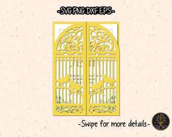 May include: A yellow laser cut wedding invitation with a decorative gate design. The gate is made of intricate swirls and has a bird in each section. The text "THURSDAY" and "SATURDAY" is visible on the invitation.