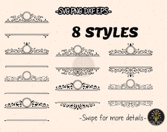 May include: Black and white vector graphics of decorative design elements in eight different styles. The designs include ornate borders, frames, and dividers with circular and linear shapes. Text at the top reads "SVG.PNG.DXF.EPS".
