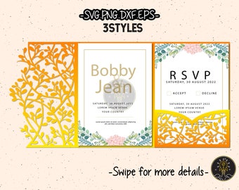 5x7 Tropical Leaf Flower Wedding Invitation Pocket Template SVG Laser Cut File