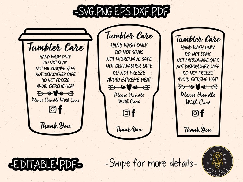 Fillable Editable PDF Tumbler Care Instructions Card Pack SVG Cut File Cricut