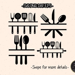 May include: Black and white silhouette of kitchen utensils, including a fork, knife, spoon, whisk, spatula, and rolling pin. The utensils are arranged in a split monogram design, with space for two names.