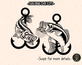 Jumping Bass Fish and Hook Fishing SVG Cut File Cricut Clipart