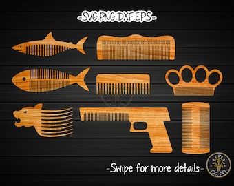 May include: A set of six wooden comb designs, including a fish, a gun, a wolf, and three different comb shapes. The designs are all cut out of wood and have a natural wood grain finish.