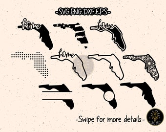 May include: A set of 10 black and white Florida state outline SVG cut files. The outlines include a dotted pattern, a mandala pattern, a simple outline, and an outline with the word "home" written across it. The text "SVG PNG DXF EPS" and "Swipe for more details" are also included in the image.