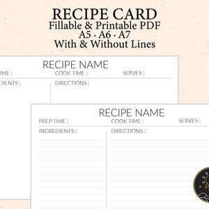 Simple Recipe Card Template Editable Printable PDF A5 A6 A7