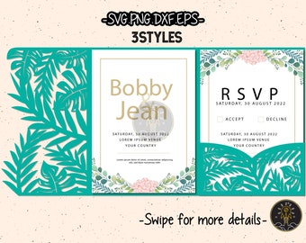 5x7 Tropical Leaf Flower Wedding Invitation Pocket Template SVG Laser Cut File