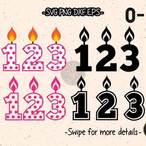 May include: A set of digital cut files for numbers 1, 2, and 3. The numbers are in the shape of birthday candles with flames. The numbers are shown in two styles: one with pink polka dots and one in black. The text "0-9" and "Swipe for more details" is also included in the image.