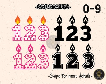 May include: A set of digital cut files for numbers 1, 2, and 3. The numbers are in the shape of birthday candles with flames. The numbers are shown in two styles: one with pink polka dots and one in black. The text "0-9" and "Swipe for more details" is also included in the image.