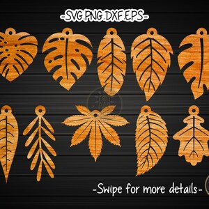 May include: A collection of wooden leaf-shaped cutouts in various designs, including monstera and fern leaves. The cutouts are a warm brown color and have a hole at the top for hanging. Text at the top reads "SVG.PNG.DXF.EPS" and at the bottom "-Swipe for more details-".