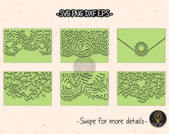 May include: Six different designs for laser cut wedding invitation envelopes. The designs feature floral patterns with hearts, roses, and leaves. The text "SVG PNG DXF EPS" and "Swipe for more details" is included in the image.