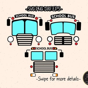May include: Three black and white illustrations of a school bus. Each bus has the words "School Bus" written on the front. The buses are outlined in black and have red and white details.