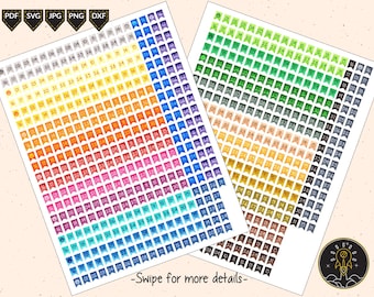 May include: A set of colorful printable planner stickers with numbers 1 through 31 in a rainbow pattern. The stickers are in the shape of small flags with rounded corners.