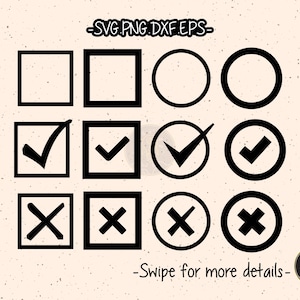 May include: A set of 12 black and white checkmark and cross icons. The icons are in the shape of squares and circles. The checkmark icons are filled in, while the cross icons are empty.