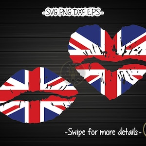 Könnte beinhalten: Zwei Lippen mit dem Design der Union Jack Flagge. Die Lippen sind in Form eines Herzens und einer traditionellen Lippenform.