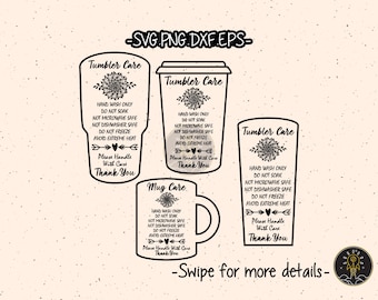 May include: Three black and white tumbler care instructions with a floral design. The text reads "Hand wash only, do not soak, not microwave safe, not dishwasher safe, do not freeze, avoid extreme heat, please handle with care, thank you".