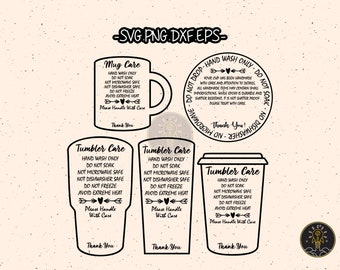 May include: Three black and white care instructions for mugs and tumblers. The instructions read "Mug Care", "Tumbler Care", and "Tumbler Care". The instructions include "Hand Wash Only", "Do Not Soak", "Not Microwave Safe", "Not Dishwasher Safe", "Do Not Freeze", "Avoid Extreme Heat", "Please Handle With Care", and "Thank You".