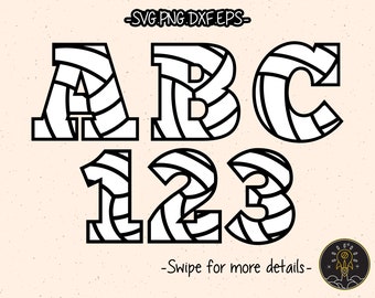 May include: Black and white alphabet letters A, B, C and numbers 1, 2, 3 with a wavy striped pattern.  The letters and numbers are in a bold, block font style.