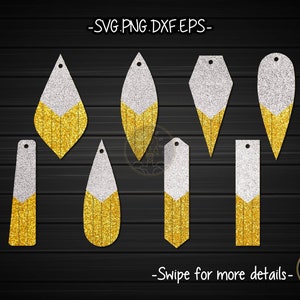 以下が含まれることがあります： 白と金のグリッターパターンを施した8種類のイヤリングデザインのセット。デザインには、涙型、長方形、幾何学的な形が含まれています。