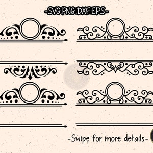 May include: Black and white decorative design elements with scrollwork and circular frames. The image includes the text "SVG PNG DXF EPS" and "Swipe for more details". These elements are suitable for digital design projects.