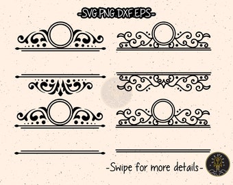 May include: Black and white decorative design elements with scrollwork and circular frames. The image includes the text "SVG PNG DXF EPS" and "Swipe for more details". These elements are suitable for digital design projects.