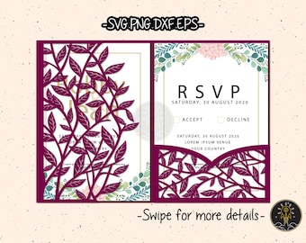 5x7 Rustic Tropical Leaves Floral Flower Wedding Invitation Pocket Template SVG Laser Cut File Cricut