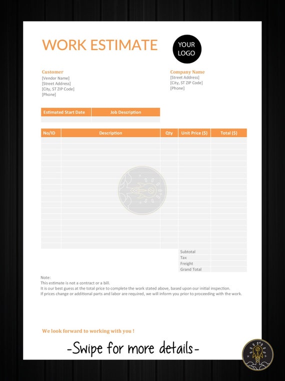 job estimate template printable pdf word a4 letter etsy