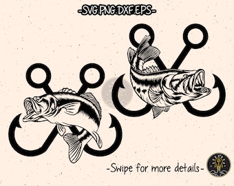 Jumping Bass Fish and Hook Fishing SVG Cut File Cricut Clipart