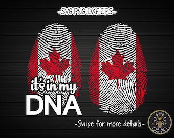 Pode incluir: Um design de impressão digital vermelho e branco com uma bandeira canadense dentro. O texto "it's in my DNA" está abaixo da impressão digital.