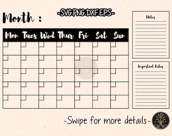 May include: A printable monthly calendar planner with a black and white design. The calendar has spaces for each day of the week, along with sections for notes and important dates.