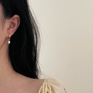 Dainty Pearl Drop Earrings,Pearl Huggie Earrings,Gold Pearl Earrings,Real Pearl Earrings,Pearl hoops,Bridesmaid Gift image 5