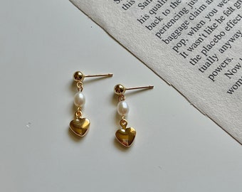 Mini Heart Pearl Earrings,Gold Heart Earrings Dangle,Dainty Pearl Earring,Pearl Drop Earrings,Hoop Earrings,Pearl Huggies Earrings