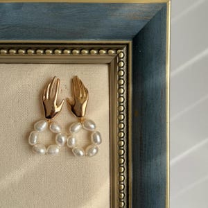 Gold Hand Pearl Drop Earrings,Real Freshwater Baroque Pearl Earrings,Dangle Pearl Earrings,Statement Earrings,Unique Gift,Gift For Her