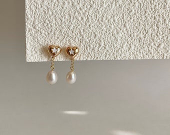 Heart Pearl Drop Earrings,Minimalist Earrings,Gold pearl Earrings,Dainty Earrings,Birthday Gift