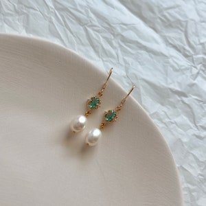 Green Zircon Pearl Drop Earrings,Gold Pearl Earrings Dangle,Green Earrings,Wedding Jewelry,Gift For Her