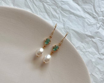 Green Zircon Pearl Drop Earrings,Gold Pearl Earrings Dangle,Green Earrings,Wedding Jewelry,Gift For Her