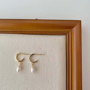 Dainty Pearl Drop Earrings,Pearl Huggie Earrings,Gold Pearl Earrings,Real Pearl Earrings,Pearl hoops,Bridesmaid Gift image 6