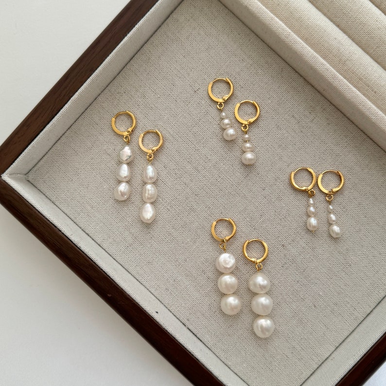 Gold Hoop Pearl Earrings,Bridesmaid Earrings Gift,Dainty Huggies Earrings,Gold Drop Pearl Earrings,Wedding Jewelry,Minimalist Earrings image 3