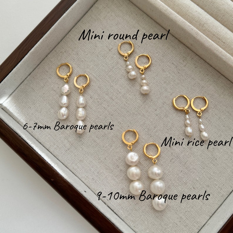 Gold Hoop Pearl Earrings,Bridesmaid Earrings Gift,Dainty Huggies Earrings,Gold Drop Pearl Earrings,Wedding Jewelry,Minimalist Earrings image 6