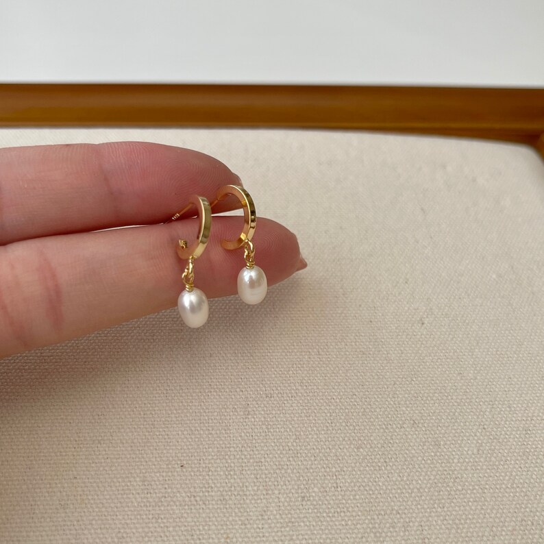 Dainty Pearl Drop Earrings,Pearl Huggie Earrings,Gold Pearl Earrings,Real Pearl Earrings,Pearl hoops,Bridesmaid Gift image 7
