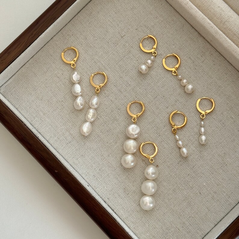 Gold Hoop Pearl Earrings,Bridesmaid Earrings Gift,Dainty Huggies Earrings,Gold Drop Pearl Earrings,Wedding Jewelry,Minimalist Earrings image 1