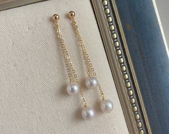 Long Chain Drop Double Pearl Earrings,Bridesmaid Gift,Wedding Jewelry,White Pearl Earrings,Earrings Dangle