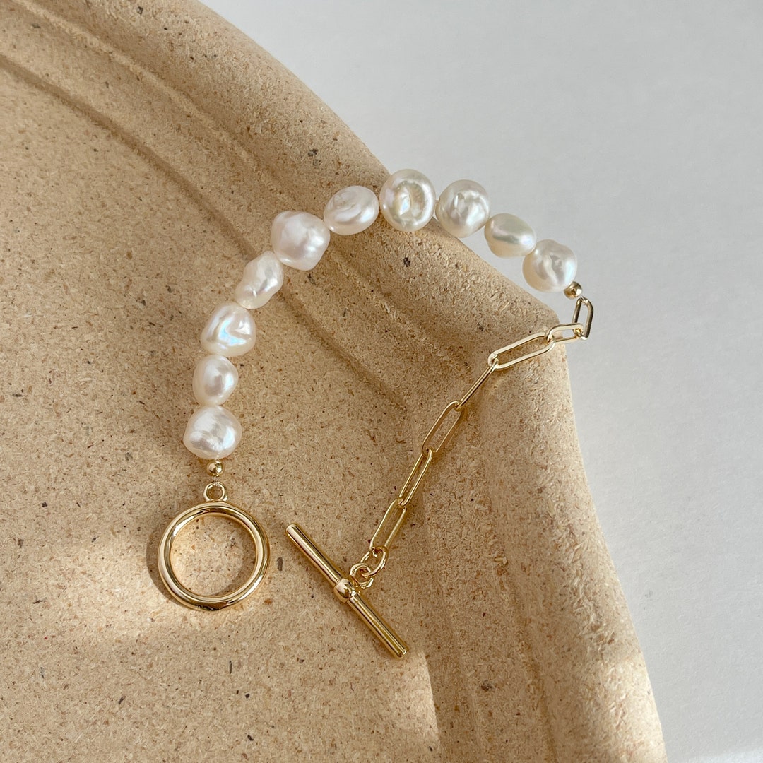 Half Baroque Pearl Half Gold Chain Bracelet,ot Clasp