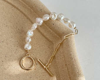 Half Baroque Pearl Half Gold Chain Bracelet,OT Clasp Bracelet,Real Pearl Toggle Clasp Bracelet,Freshwater Keshi Pearl Bracelet